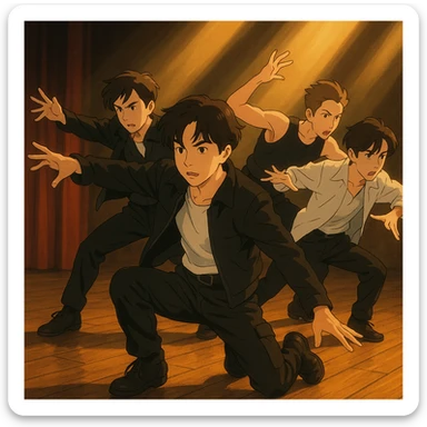 a kpop group, dramatic lighting, dynamic dance move, ghibli style sticker