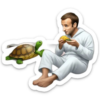Emmanuel Macron in pajamas eating on a turtle sticker