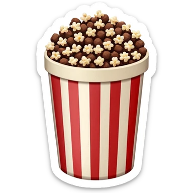 Chocolate popcorn in a paper jar with red and white vertical lines sticker