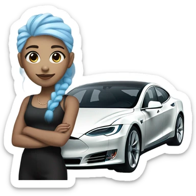 white skin girl with blue hair in black clothes standing next to tesla car sticker