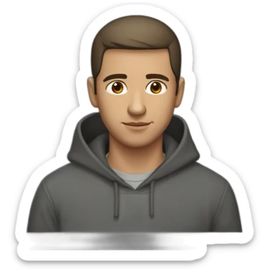 A Russian guy with a short haircut like a drake, brown eyes and a dark gray hoodie sticker