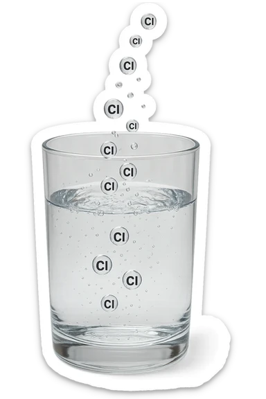 un bicchiere di acqua realistico e dettagliato fluttua in aria, dentro l'acqua del bicchiere ci sono particelle di cloro ben visibili con la scritta "Cl" sopra, ci sono particelle anche che escono dal bicchiere e fluttuano in aria verticalmente, mentre alcune sono all'interno dell'acqua nel bicchiere, iperrealistico 4k sticker