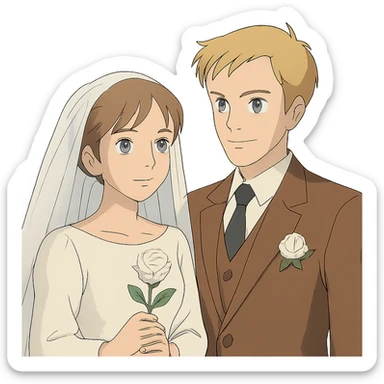ghibli style portrait of a bride with light brown hair and grey-blue eyes, and a groom with blonde hair, blue eyes, wearing a brown suit sticker