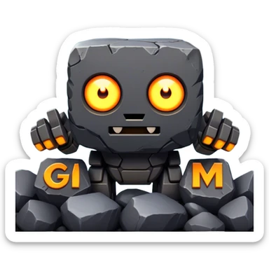 Rock creature with glowing eyes and 'GM' behind, featuring a blocky body of dark gray stones, orange-brown arms and chest patch, and seven glowing yellow eyes—three on the left, one in the middle, and three on the right—arranged on its head, with large bold 'GM' letters in the background.

 sticker