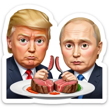 photorealistic Donald Trump and Putin eating a steak shaped like an piece of land sticker