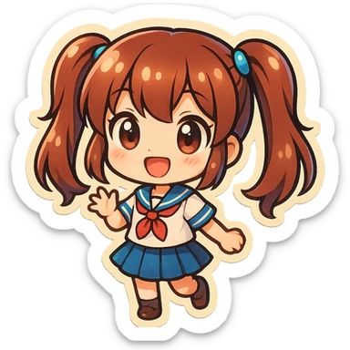 chibi anime girl with twin tails, wearing a sailor uniform, smiling, retro stickers style sticker