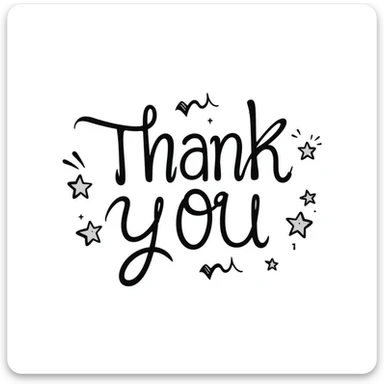 hand drawn 'Thank You' text with stars and swirls, doodle style sticker