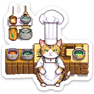 Make the chef cat's gold earring much bigger, keeping the same pixel art style with no background. sticker