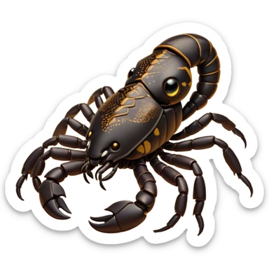 Cinematic Cute Emperor Scorpion Portrait Emoji, Head tilted playfully and inquisitively, with a compact, rugged build and a sleek, dark exoskeleton highlighted by delicate, intricate patterns and round, sparkling eyes full of curious defiance, Simplified yet irresistibly adorable features, highly detailed, glowing with a warm, friendly glow, high shine, affectionate and quirky, stylized with a touch of desert whimsy, soft glowing outline, capturing the essence of a mischievous yet endearing scorpion that feels like it could pinch its way out of the screen into your arms! sticker