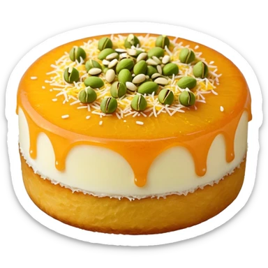 A small round emoji of traditional kanafeh with golden-orange crispy threads, a gooey white cheese center, and a light sprinkle of green pistachios. Warm and delicious-looking. sticker
