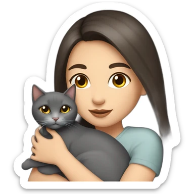 beautiful woman with dark long straight hair and brown eyes hugs a grey cat  sticker