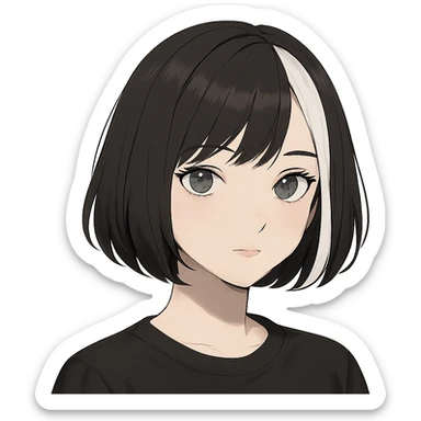 girl with short black hair, bob, with a white strand and gray eyes sticker