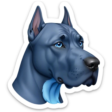 Cinematic Noble Blue Great Dane Portrait Emoji, Poised and regal, with a towering, muscular build and a sleek, well-groomed deep blue Fur, deep-set soulful steel-blue eyes, Simplified yet sharp and sophisticated features, highly detailed, glowing with a cool, dignified glow, high shine, intelligent and commanding, stylized with an air of majesty, focused and attentive, soft glowing outline, capturing the essence of a watchful and authoritative guardian, so majestic it feels as though it could stride out of the screen with effortless authority! sticker