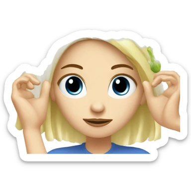 White girl, blonde, with blue eyes, rubs her head whith hands on which there are onion sprouts sticker