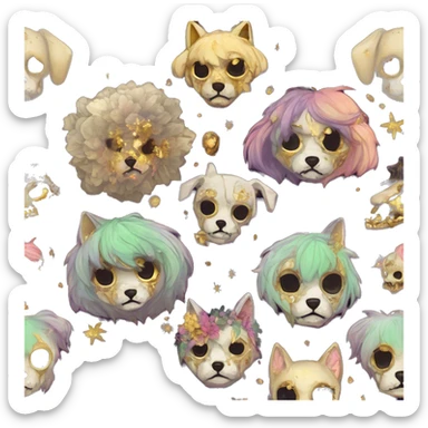 iridescent kintsugi fluffy zombie black brown gold dog fox head zombie skeleton gold mechanical nebula galaxy stars colorful flowers fairy lights vintage zombie sticker