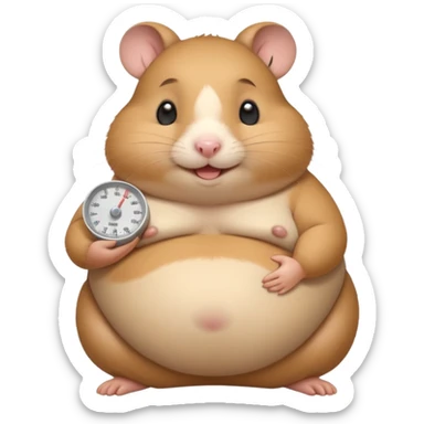 fat hamster holding pregnant belly smiling holding a tiny food scale sticker