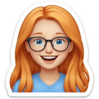 a girl with blue eyes, glasses and light orange long hair laughing sticker