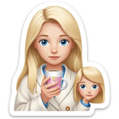 girl
blue eyes
long blond hair
wearing housecoat
holding a white mug of coffee that says mom
wearing rose gold apple watch  sticker