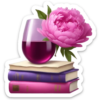 A violet  stack of books with deep pink peonies and a glass of pink wine sticker