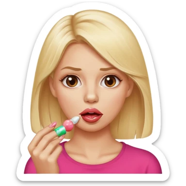 Elle fais une peu petasse, elle se mord le coin la lèvres. Elle est blonde. Ongles vernis marrons. Elle mâche un chewing-gum  sticker