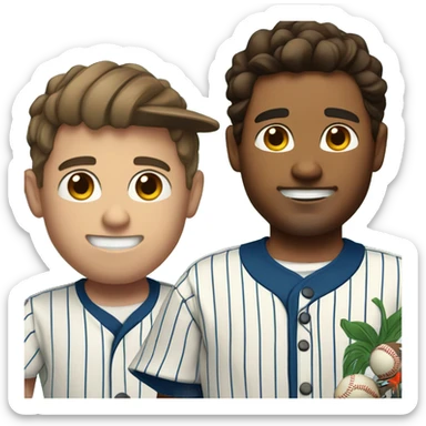 Man with brown hair in a Hawaiian shirt negotiates with a Latino baseball player wearing pinstripes  sticker