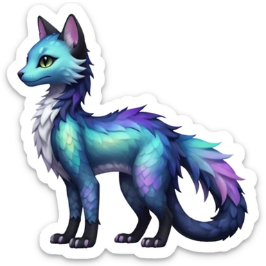 Kawaii black pastel iridescent beautiful pretty elegant divine edgy fantasy feline-vernid-sergal-fursona animal creature with a tufted tail full body with intricate markings  sticker