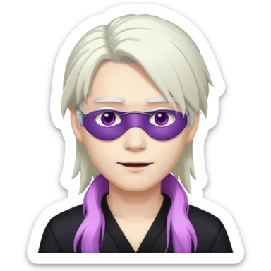 A young pale skinned Japanese man, with long free white hair. Purple eyes pink lips. Devious smile and an eyepatch sticker