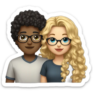 Boy curly blonde hair and glasses kissing girl wavy black hair and glasses sticker