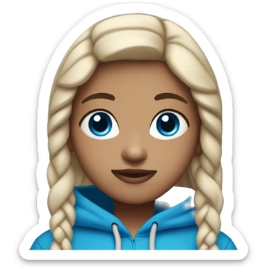 Girl with blue eyes, brow hair, wearing a blue hoodie with black leggings sticker