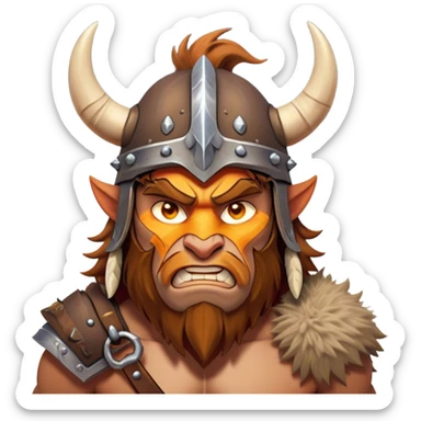 Clash of Clans style: Cinematic Fierce Barbarian Portrait Emoji, Poised and bold with a rugged, cartoonish build in tattered furs and a whimsical horned helmet, bright expressive eyes and a confident smirk, Simplified yet dynamic features, highly detailed, glowing with a vivid, adventurous aura, high shine, heroic and spirited, stylized with an air of medieval warrior charm, focused and energetic, soft glowing outline, capturing the essence of a fearless barbarian adventurer ready to lead his clan with spirited valor! sticker