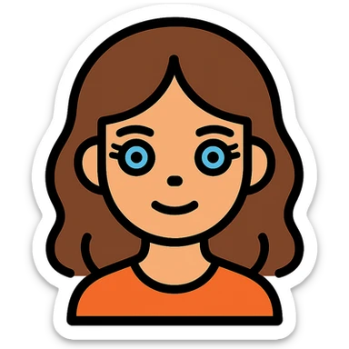 An icon-style emoji of a brunette girl with medium, slightly wavy hair, normal skin tone, a button nose, beautiful blue eyes with eyelashes. sticker