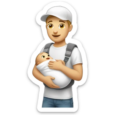 Young white guy wearing a white cap and holding a baby sticker