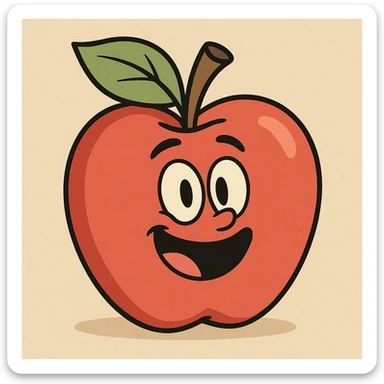 a red apple with a green leaf, bold outlines, cheerful look, flat toon style sticker
