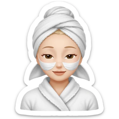 cute girl with her eyes closed and smiling, wearing a white spa towel as her clothes in she has a white spa towel on her head, white face skincare mask sticker