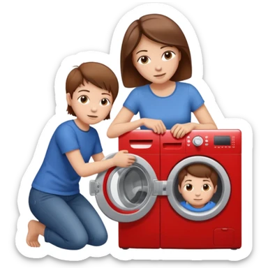 Mother and little son with brown hair putting clothes in the washing machine sticker