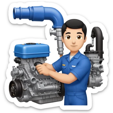 Guy with black hair working on a blue cars engine sticker