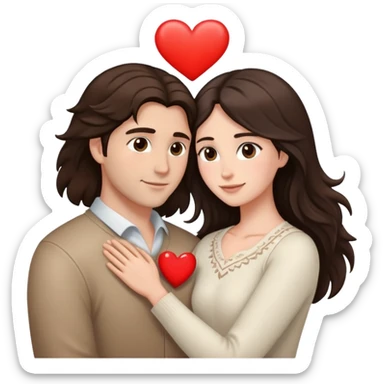 A couple embracing, man with light mestizo skin and straight dark brown hair, woman with fair skin and long slightly wavy dark brown hair, with white hearts around them sticker