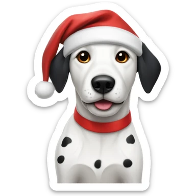 white dog with black ears and black spots, wearing santa hat sticker