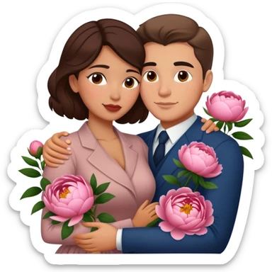 couple hug with warm Latina girl and russian man elegant peonies garden roses  sticker