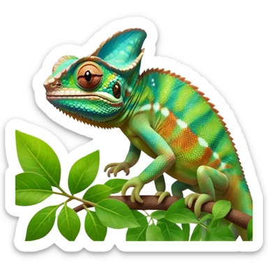 cinematic giant-smiling. chameleon-realistic emoji,-blending-with-vibrant-greenery.-detailed-scales-in-shifting-colors,-showing-the-chameleon’s-ability-to-camouflage.-soft-natural-light-highlights-its-texture.-nature-background, zoomed into its face sticker