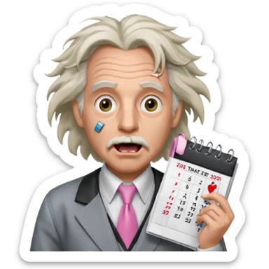 Doc Brown, in Back to the Future, with his hair all over the place and his mouth wide open. No glasses. Wearing a silver dress with black trim, a pink collared shirt and a white tie, holding a calendar.  sticker