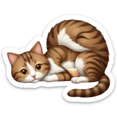 dark brown tabby and white cat with doing a big extremely long stretch reaching up into the air with arms and legs side by side together straight and overextended whilst lying on its side sticker