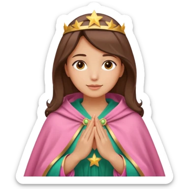 Mujer de piel morena, rostro sereno, manos juntas. Vestido rosa, manto azul verdoso con estrellas doradas. Resplandor dorado alrededor del cuerpo. sticker