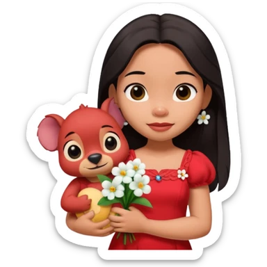 Lilo from Lilo & Stitch, in a red dress with white flowers, holding a plush toy sticker