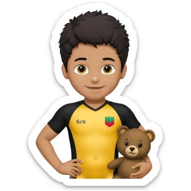 Une garçon qui a les cheveux noir qui sourit il a un maillot de l’algerie et qui a un doudou sur son epaule un ours jaune qui a des habille noir sticker