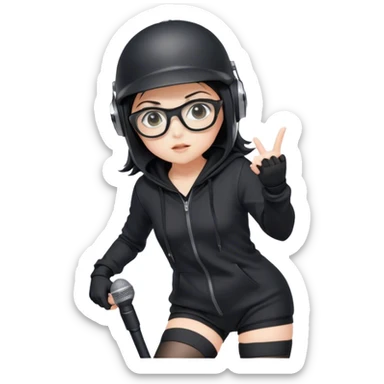 Anime girl in a black hoodie, wearing a helmet, black glasses, microphone, and thigh-high stockings, with high-tech controls sticker