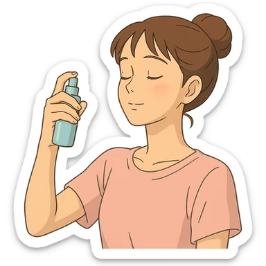 girl using face mist, gentle expression, soft pastel colors, beauty theme sticker
