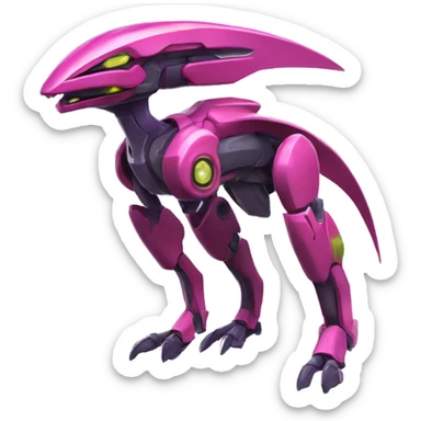 a shiny colorful Genesect-Raptor-Fakémon—hybrid with a futuristic visor-helmet full body sticker
