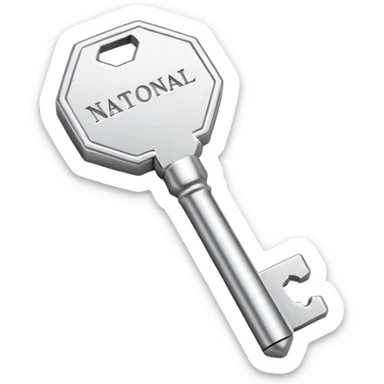 small silver metal key with hexagonal head and the word NATIONAL engraved, clean lines, soft silver tone, minimalistic and precise sticker