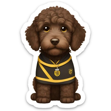 Chocolate brown labradoodle puppy.  Chubby.  white on his chest.  Brown eyes.  Wearing a hufflepuff gear   sticker